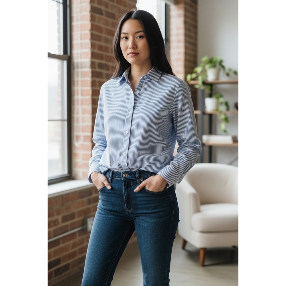 Liz Claiborne New York Blue White Striped Care Free Button Down Shirt XL Womens